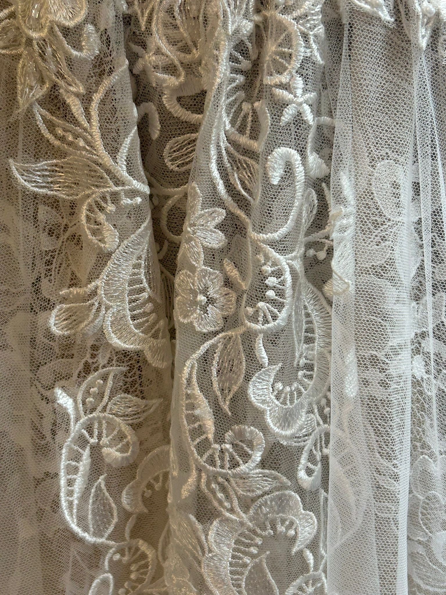 Close-up of intricate lace fabric with floral patterns.